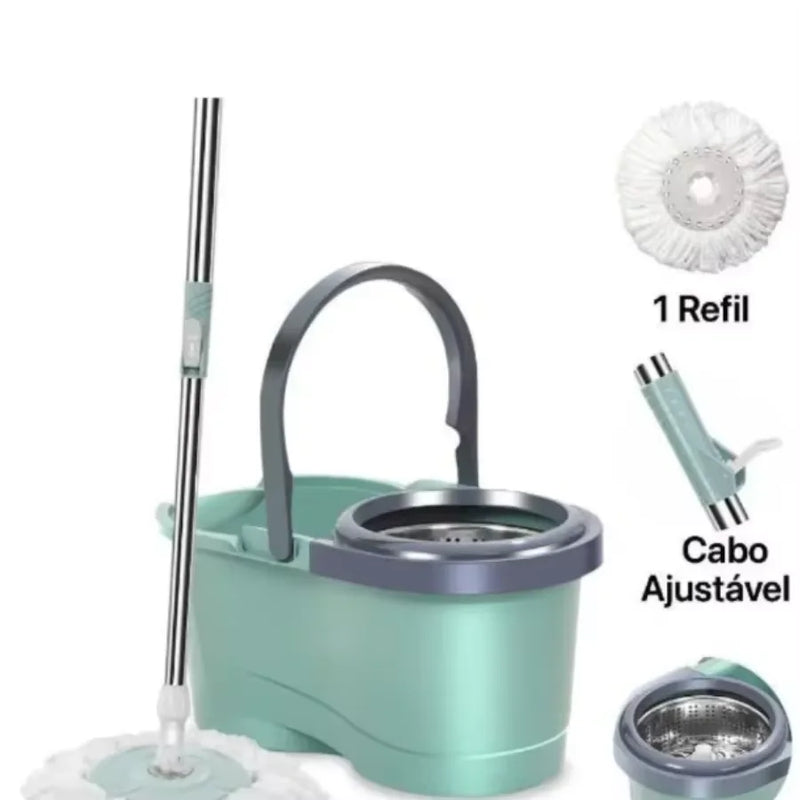 Mop Esfregão Giratório 360 Limpeza 12L Cesto Inox Cabo 1,10M Prático Resistente Multifuncional Pisos Casa Cozinha