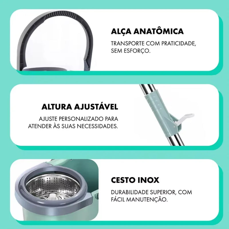 Mop Esfregão Giratório 360 Limpeza 12L Cesto Inox Cabo 1,10M Prático Resistente Multifuncional Pisos Casa Cozinha